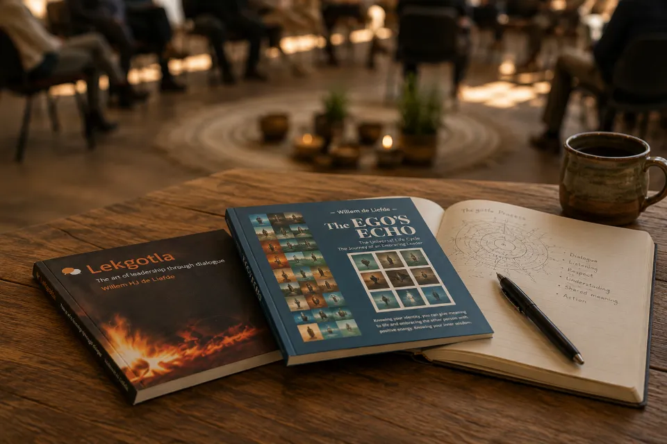 Kgotla books on a wooden table next to an open notebook